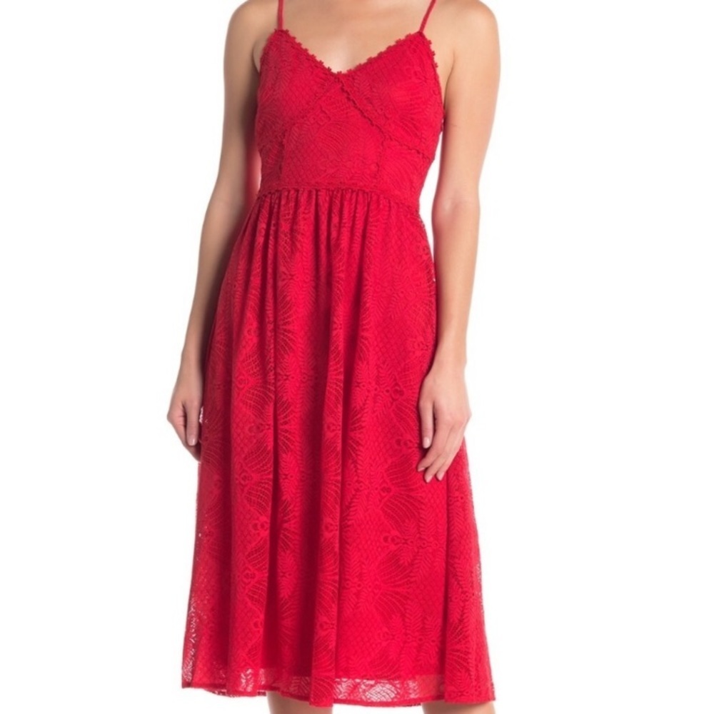 NSR Women’s Romantic Red Floral Lace V Neck Strappy Midi Dress L